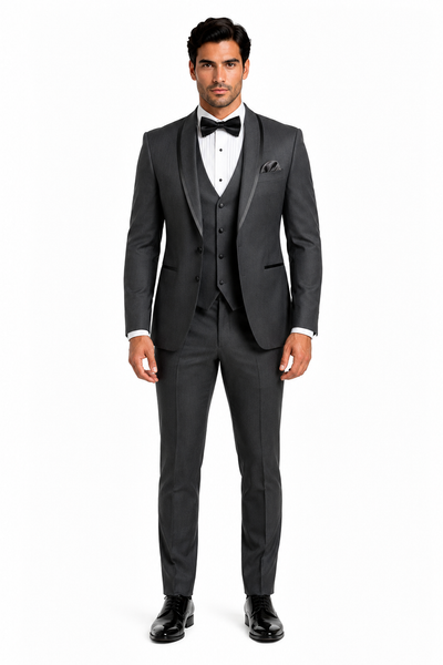 Classic Mens Vested Tuxedo in Charcoal â€“ Satin Shawl Collar for Formal Events