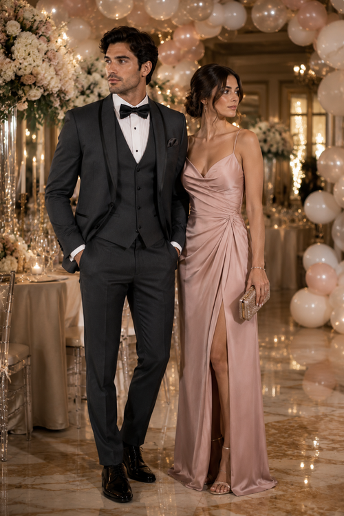 Classic Mens Vested Tuxedo in Charcoal â€“ Satin Shawl Collar for Formal Events