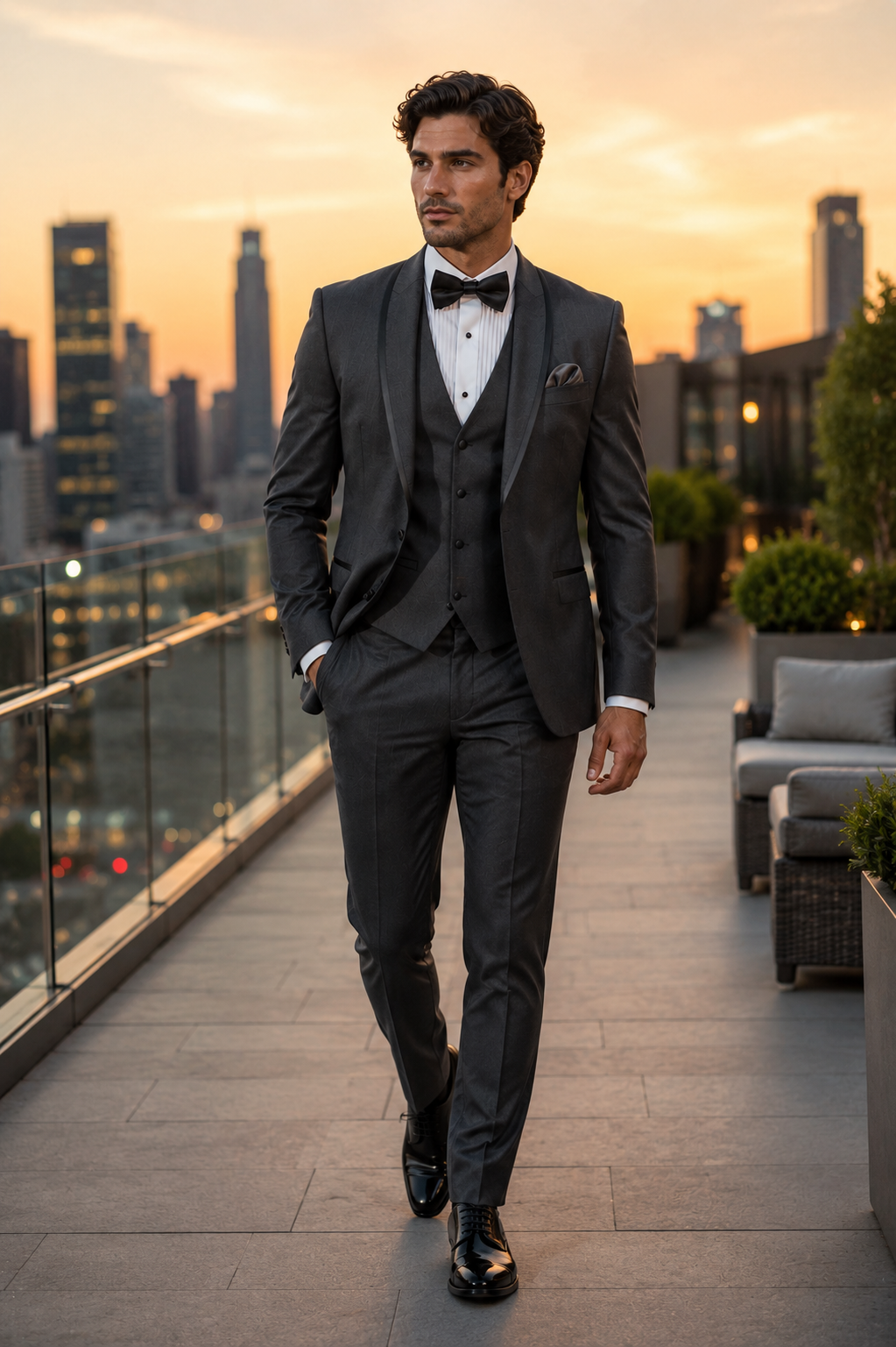 Classic Mens Vested Tuxedo in Charcoal â€“ Satin Shawl Collar for Formal Events