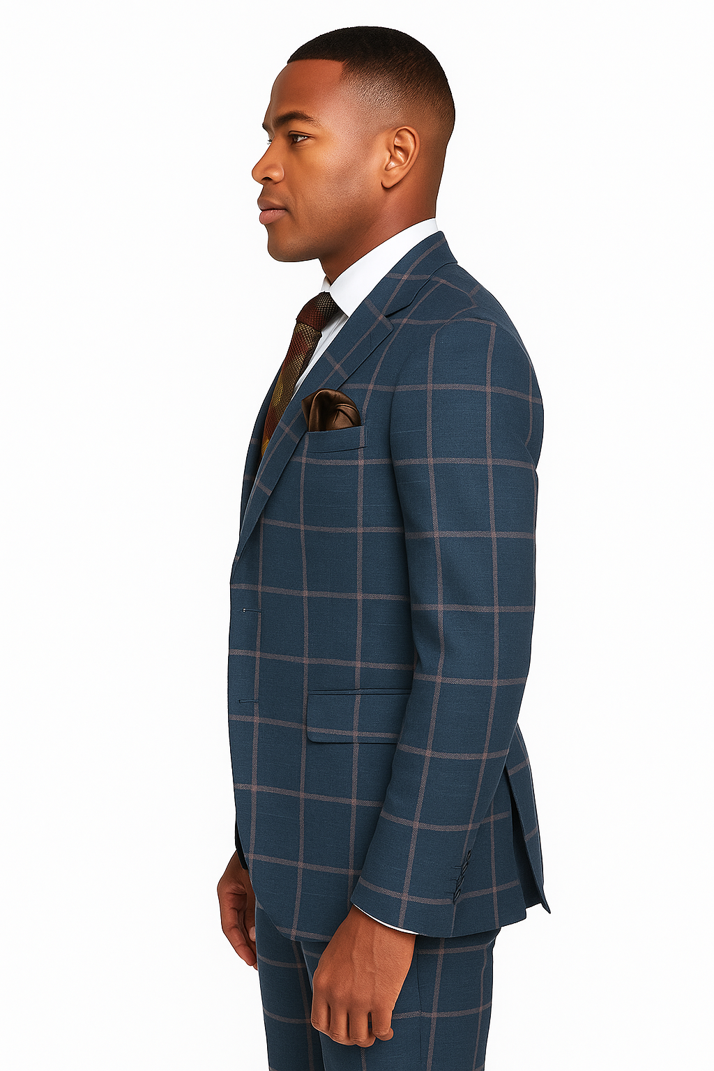 Rossiman Mens Navy & Gray Plaid Suit - Classic Windowpane Double-Breasted Design