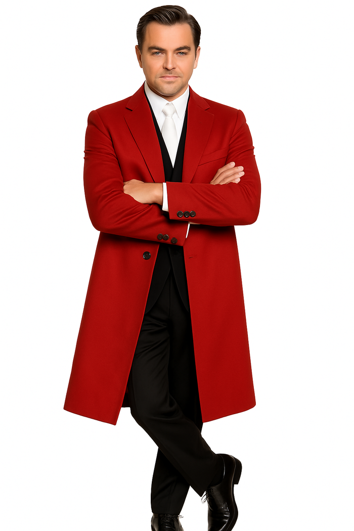 men's Three Buttons Red Wool Fabric Overcoat / Long men's Dress Topcoat - Winter coat $240