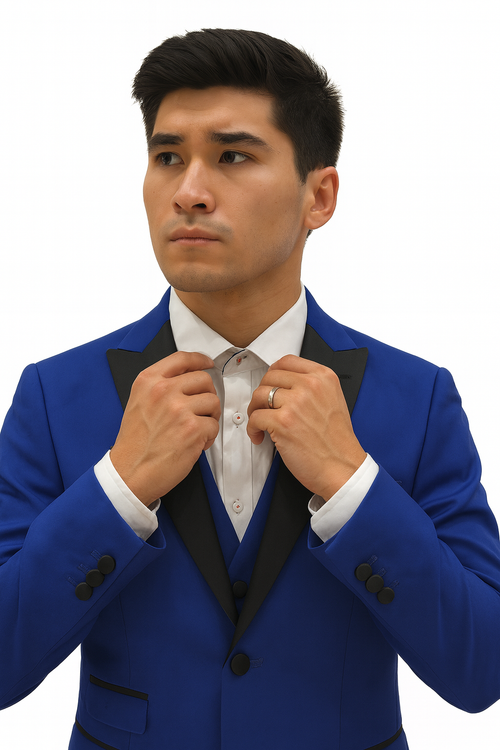 Mens Royal Blue Prom Tuxedo - Mens 2 Button Peak Lapel Vested Prom Tuxedo in Royal Blue
