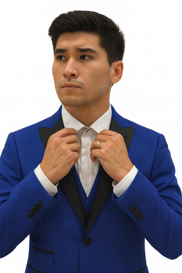 Mens Royal Blue Prom Tuxedo - Mens 2 Button Peak Lapel Vested Prom Tuxedo in Royal Blue