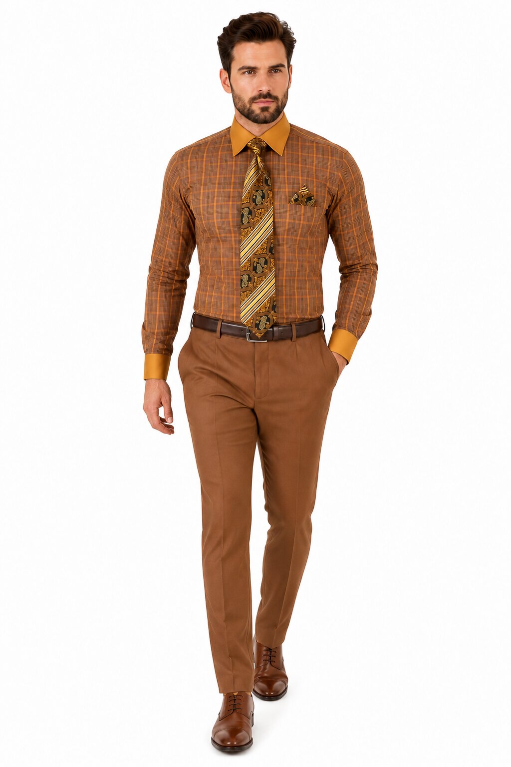 Mens Rust Tone on Tone Check Pattern Dress Shirt