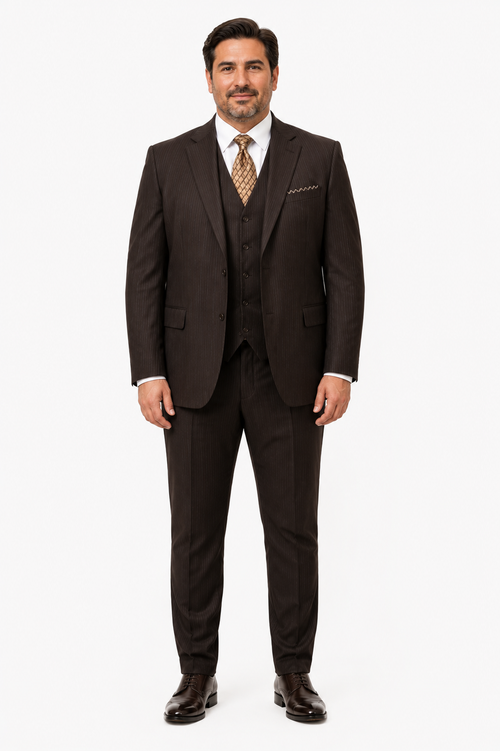 Classic Vested 3 Pieces 2 Button Dark Brown Stripe ~ Pinstripe Men's Suit Discounted Sale