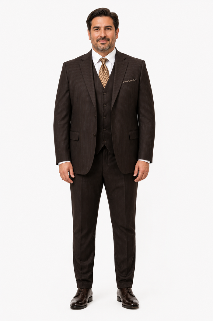 Classic Vested 3 Pieces 2 Button Dark Brown Stripe ~ Pinstripe Men's Suit Discounted Sale