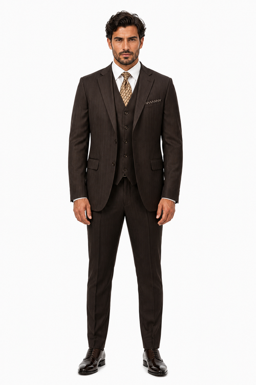 Classic Vested 3 Pieces 2 Button Dark Brown Stripe ~ Pinstripe Men's Suit Discounted Sale