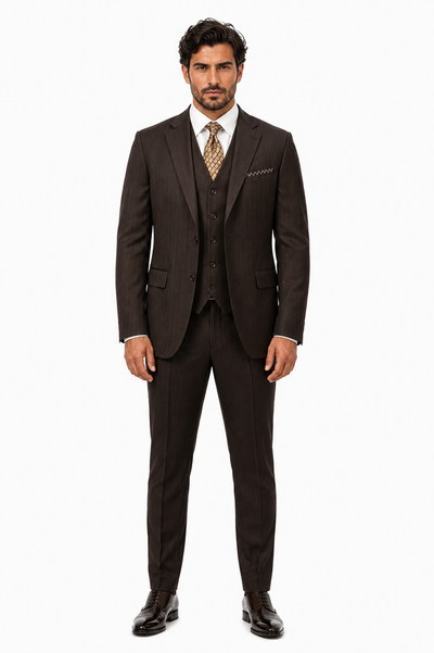 Classic Vested 3 Pieces 2 Button Dark Brown Stripe ~ Pinstripe Men's Suit Discounted Sale