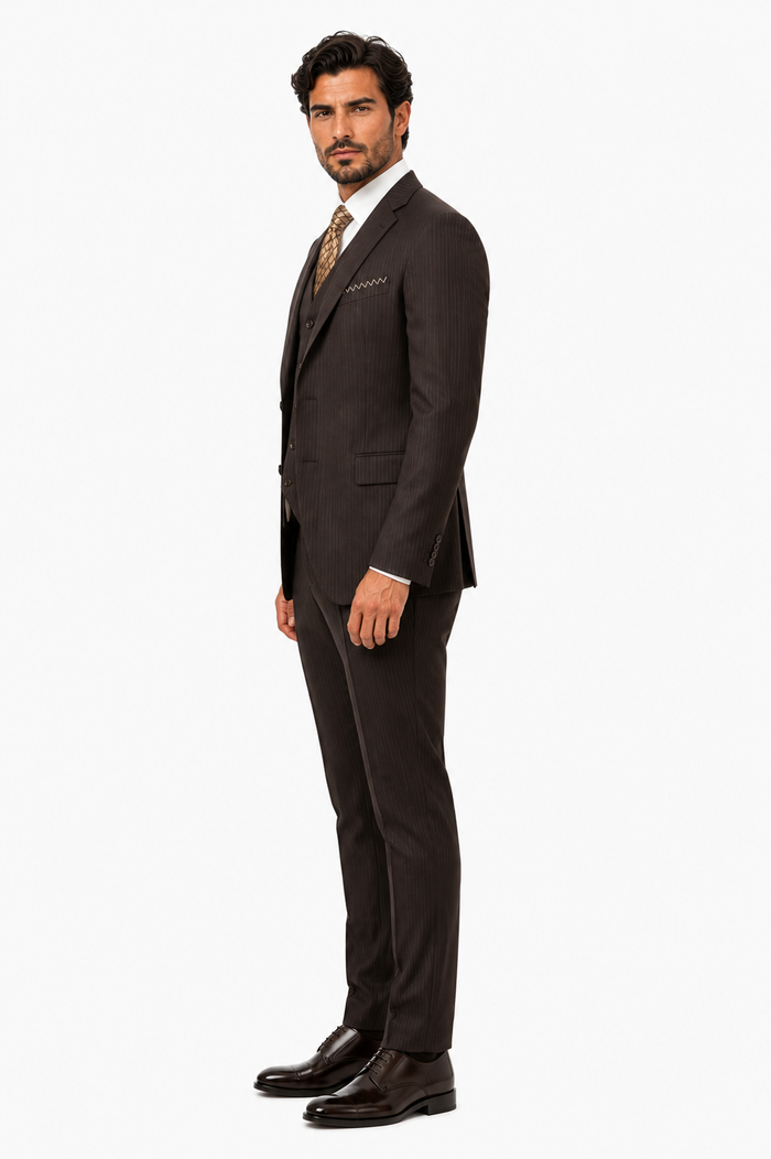 Classic Vested 3 Pieces 2 Button Dark Brown Stripe ~ Pinstripe Men's Suit Discounted Sale