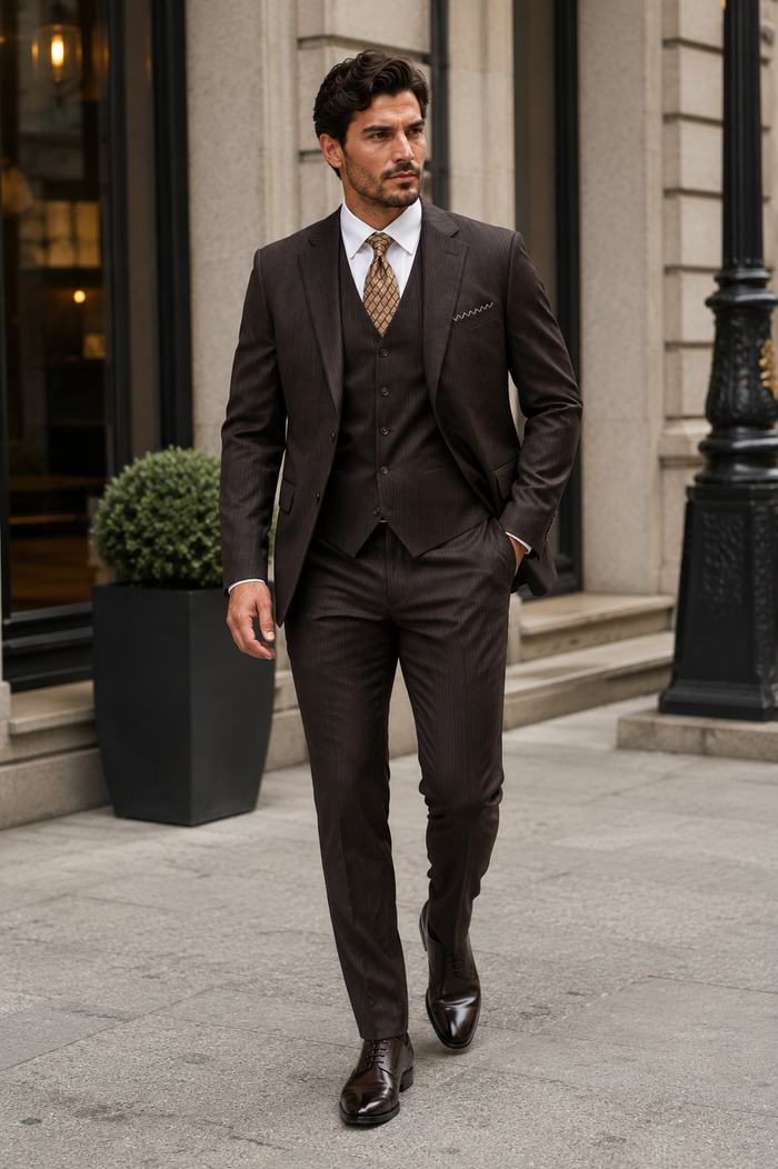 Classic Vested 3 Pieces 2 Button Dark Brown Stripe ~ Pinstripe Men's Suit Discounted Sale