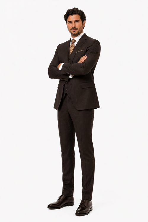 Classic Vested 3 Pieces 2 Button Dark Brown Stripe ~ Pinstripe Men's Suit Discounted Sale