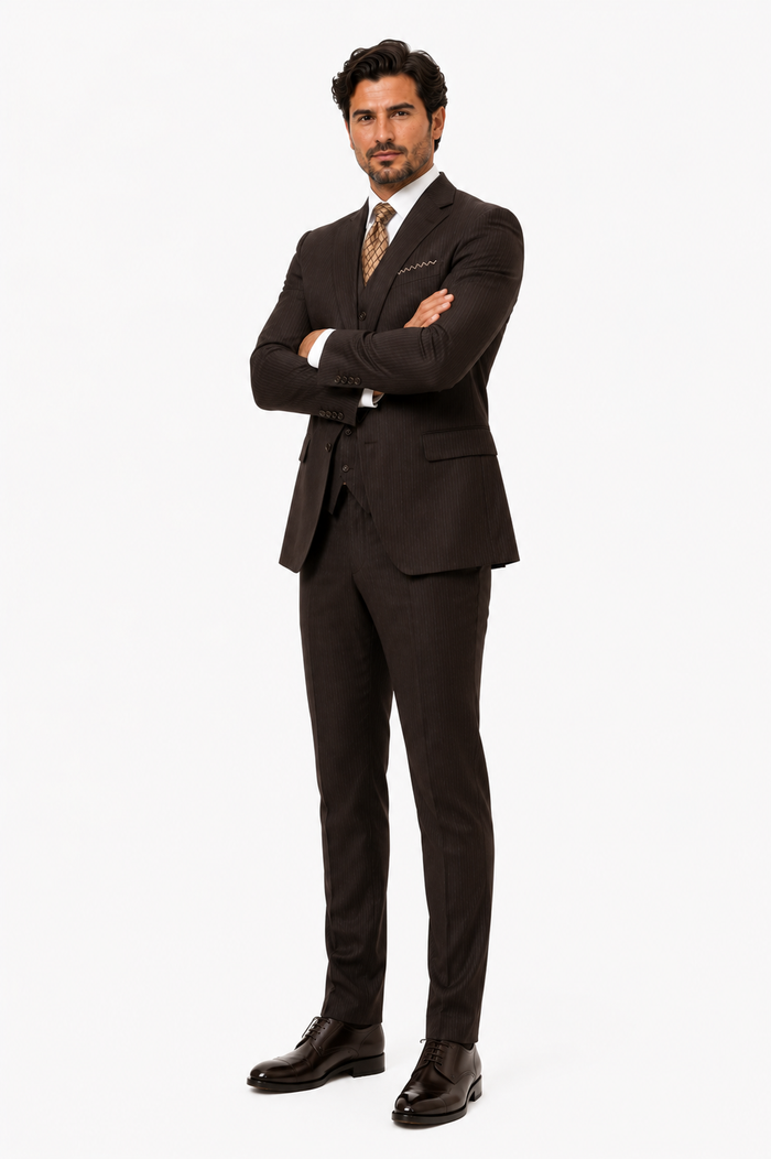 Classic Vested 3 Pieces 2 Button Dark Brown Stripe ~ Pinstripe Men's Suit Discounted Sale
