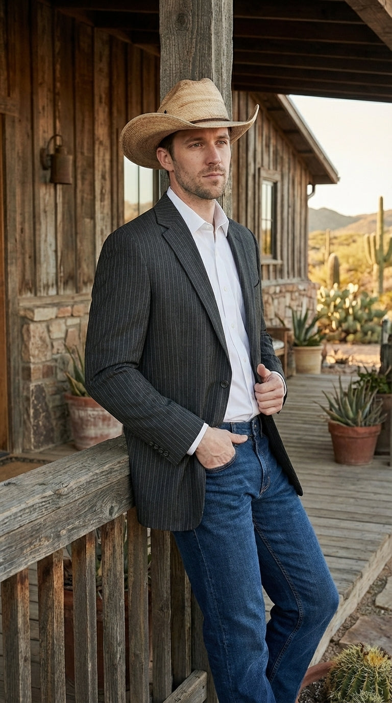 Mens Black Pinstripe Western Blazer – Classic Cowboy Style Jacket for Business, Formal and Smart Casual Wear - 34 Short