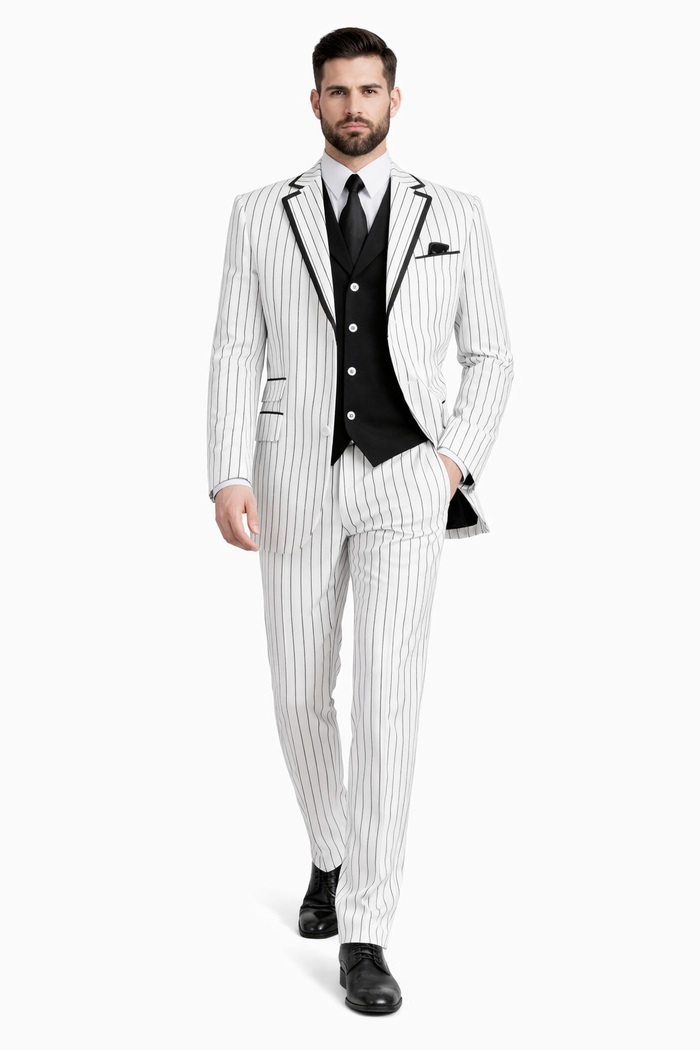 Cheap Priced Suit  - Mens 3 Button Vested Barbershop Quartet Suin In White With Black Turquoise Pinstripes