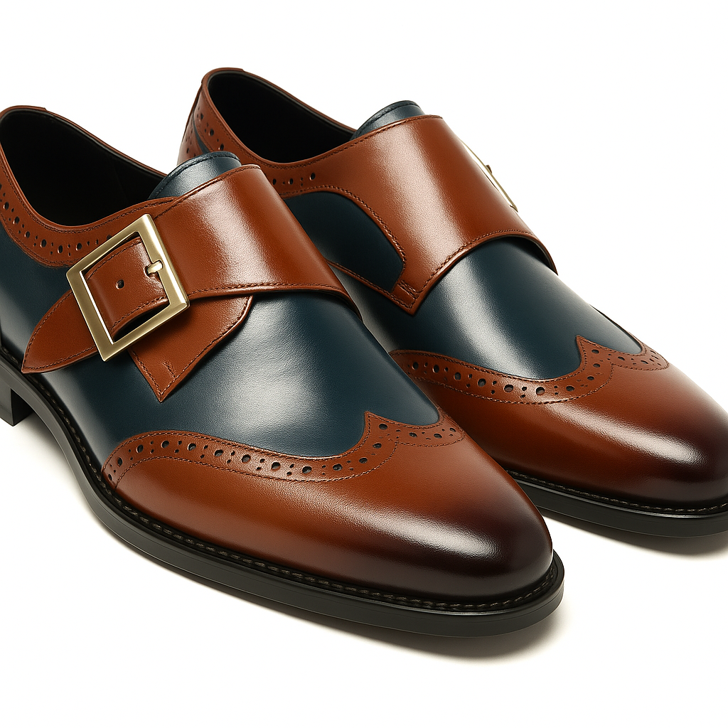 Mens Leather Wingtip Monk Strap Dress Shoe in Brown & Navy - 7.5