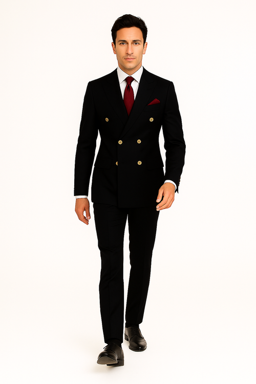Mens Classic Wool Double Breasted Suit in Black