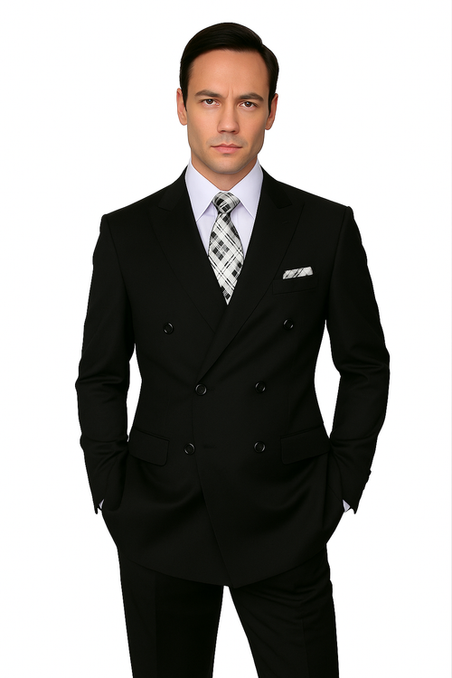 Mens Classic Wool Double Breasted Suit in Black