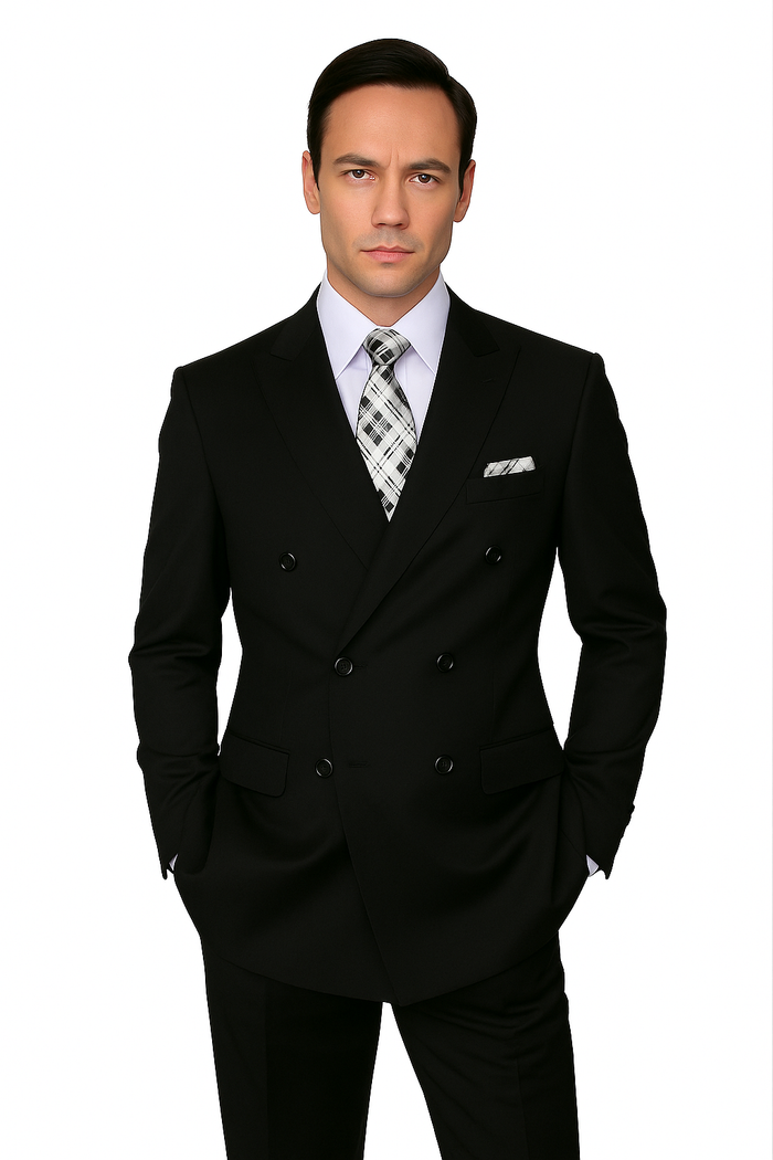 Mens Classic Wool Double Breasted Suit in Black