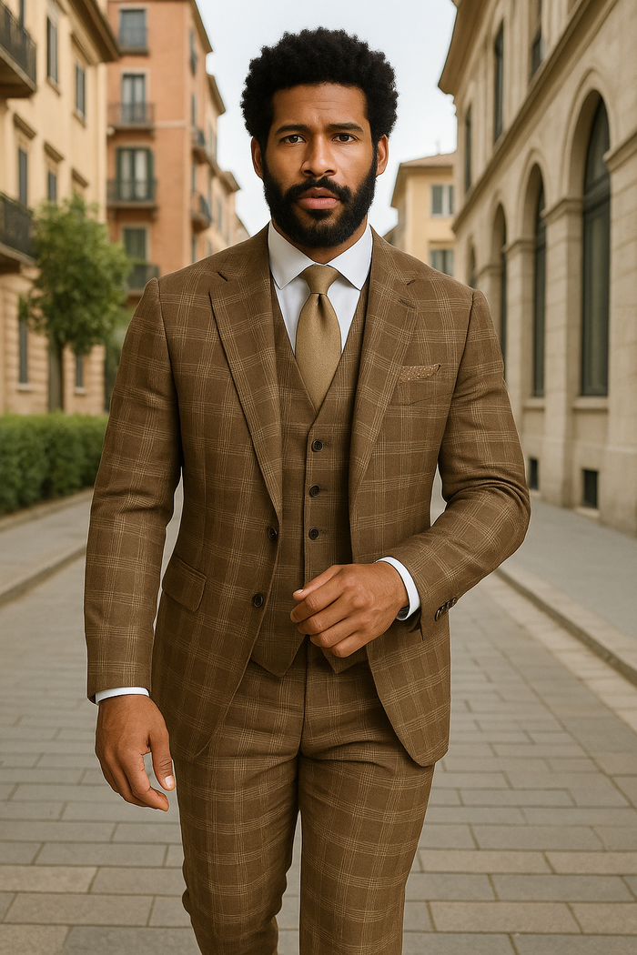 Modern Fit - Wool Suit - Italian Made Business Suit by Windowpane Texture Business Pattern Modern Fit Side Vented Men's 3 Piece 100% Wool Modern Fit Suit - Sharp Plaid Pattern