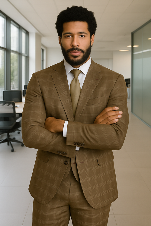 Modern Fit - Wool Suit - Italian Made Business Suit by Windowpane Texture Business Pattern Modern Fit Side Vented Men's 3 Piece 100% Wool Modern Fit Suit - Sharp Plaid Pattern