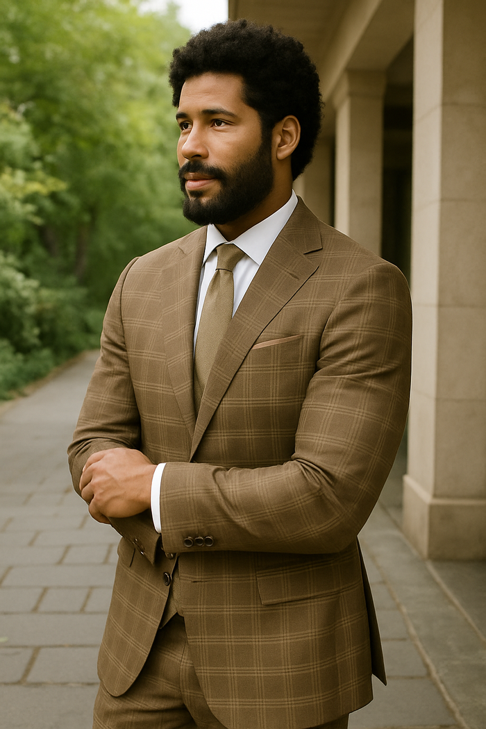 Modern Fit - Wool Suit - Italian Made Business Suit by Windowpane Texture Business Pattern Modern Fit Side Vented Men's 3 Piece 100% Wool Modern Fit Suit - Sharp Plaid Pattern