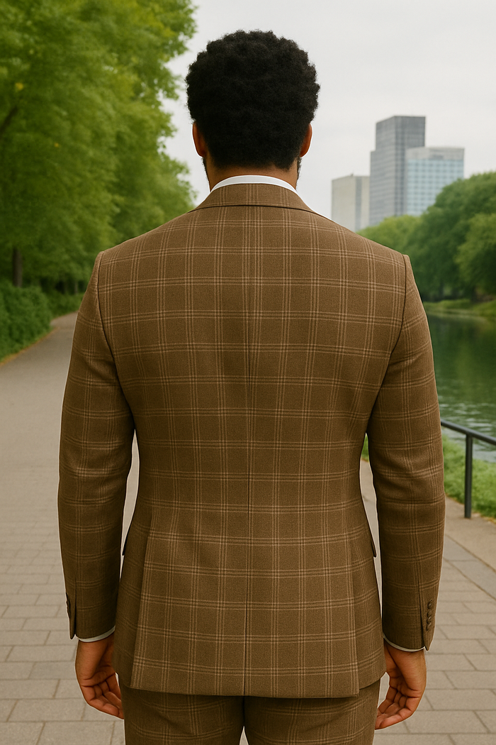 Modern Fit - Wool Suit - Italian Made Business Suit by Windowpane Texture Business Pattern Modern Fit Side Vented Men's 3 Piece 100% Wool Modern Fit Suit - Sharp Plaid Pattern