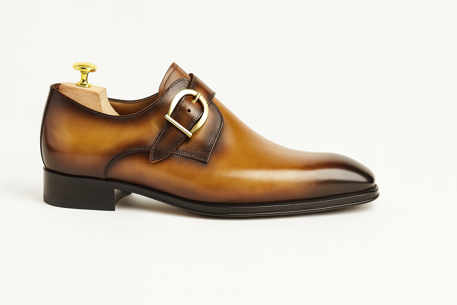 Mens Carrucci Classic Leather Fade Single D-Buckle Monk Strap Dress Shoe in Chestnut - 7