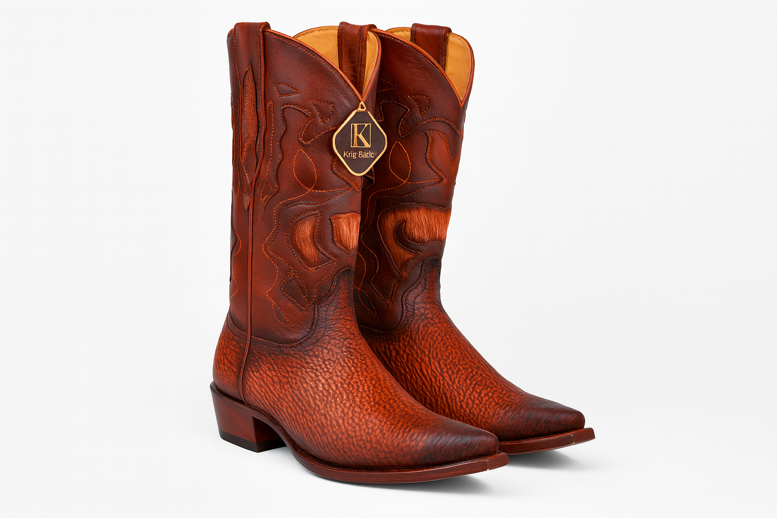 Men's King Exotic Snip Toe Sharkskin Boots Handcrafted Burnished Cognac (494RD0903) - 6 E