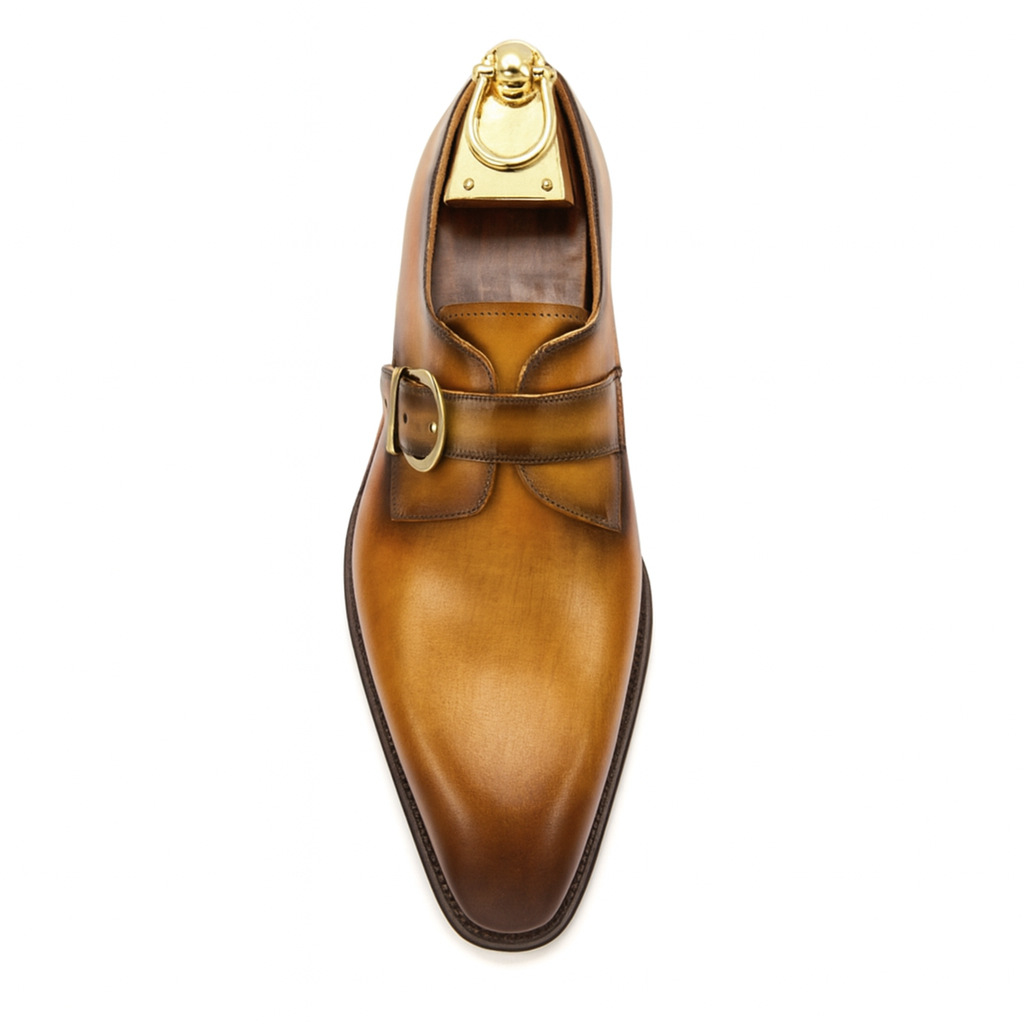 Mens Carrucci Classic Leather Fade Single D-Buckle Monk Strap Dress Shoe in Chestnut - 7