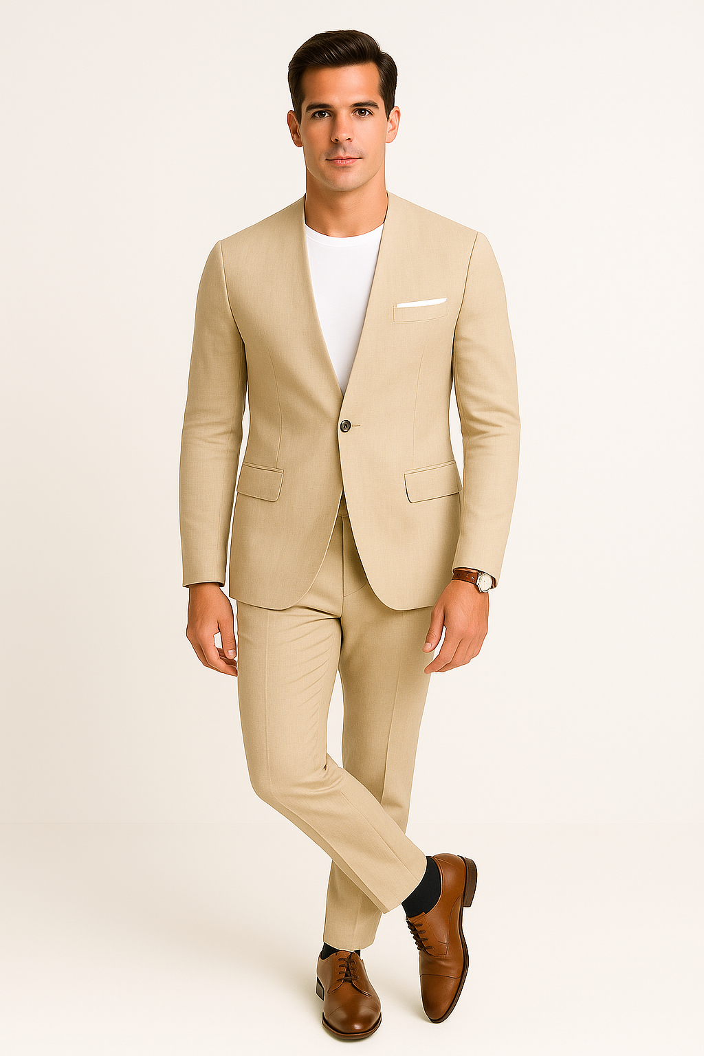 Tan Linen Suit For Summer - Collarless Blazer and Pants Collarless Lapel - No Lapel Casual! - 34 Short or Extra Small