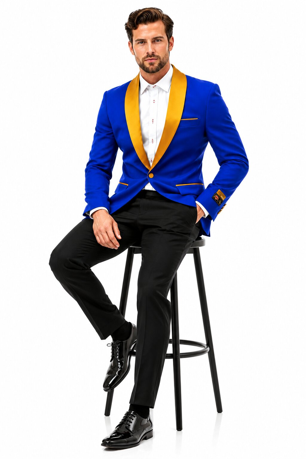 Mens Royal Blue Prom 2026 Tuxedo - Mens One Button Contrast Shawl Collar Dinner Jacket Royal Blue & Gold - 52 Long