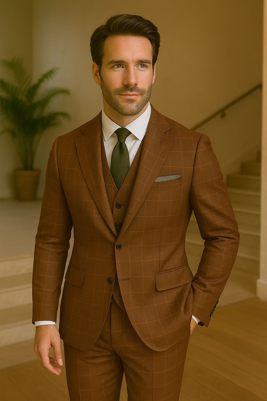Wool Suit - Italian Made Business Suit by Statement Men's 3 Piece 100% Wool Modern Fit Suit - V-Neck Double Breasted Vest - 38R