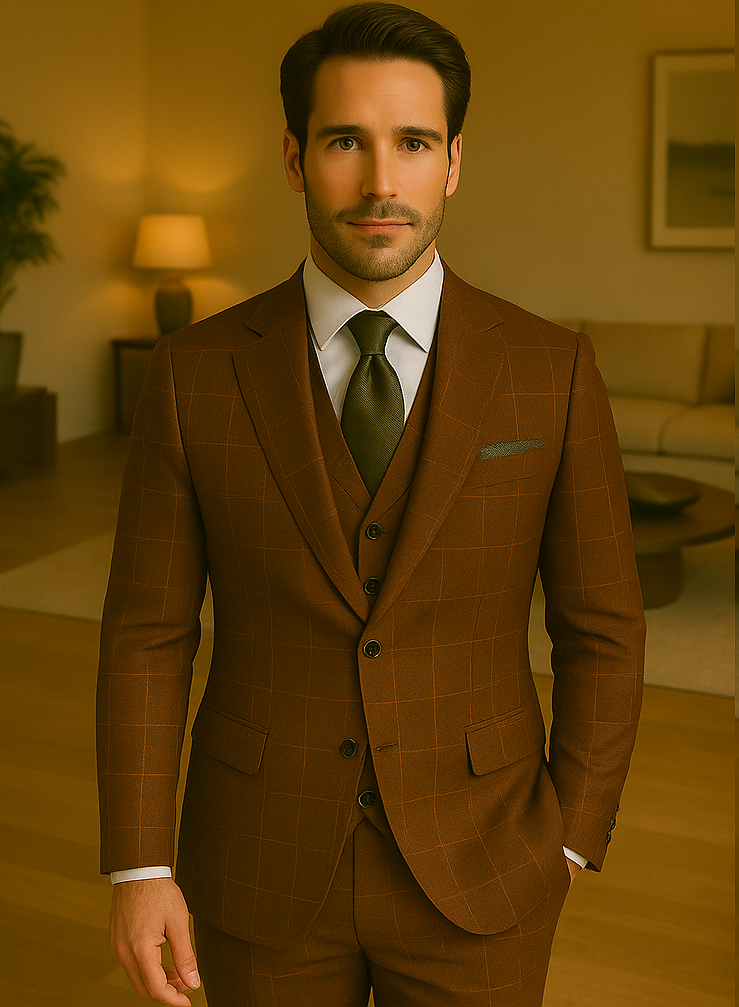 Wool Suit - Italian Made Business Suit by Statement Men's 3 Piece 100% Wool Modern Fit Suit - V-Neck Double Breasted Vest - 38R
