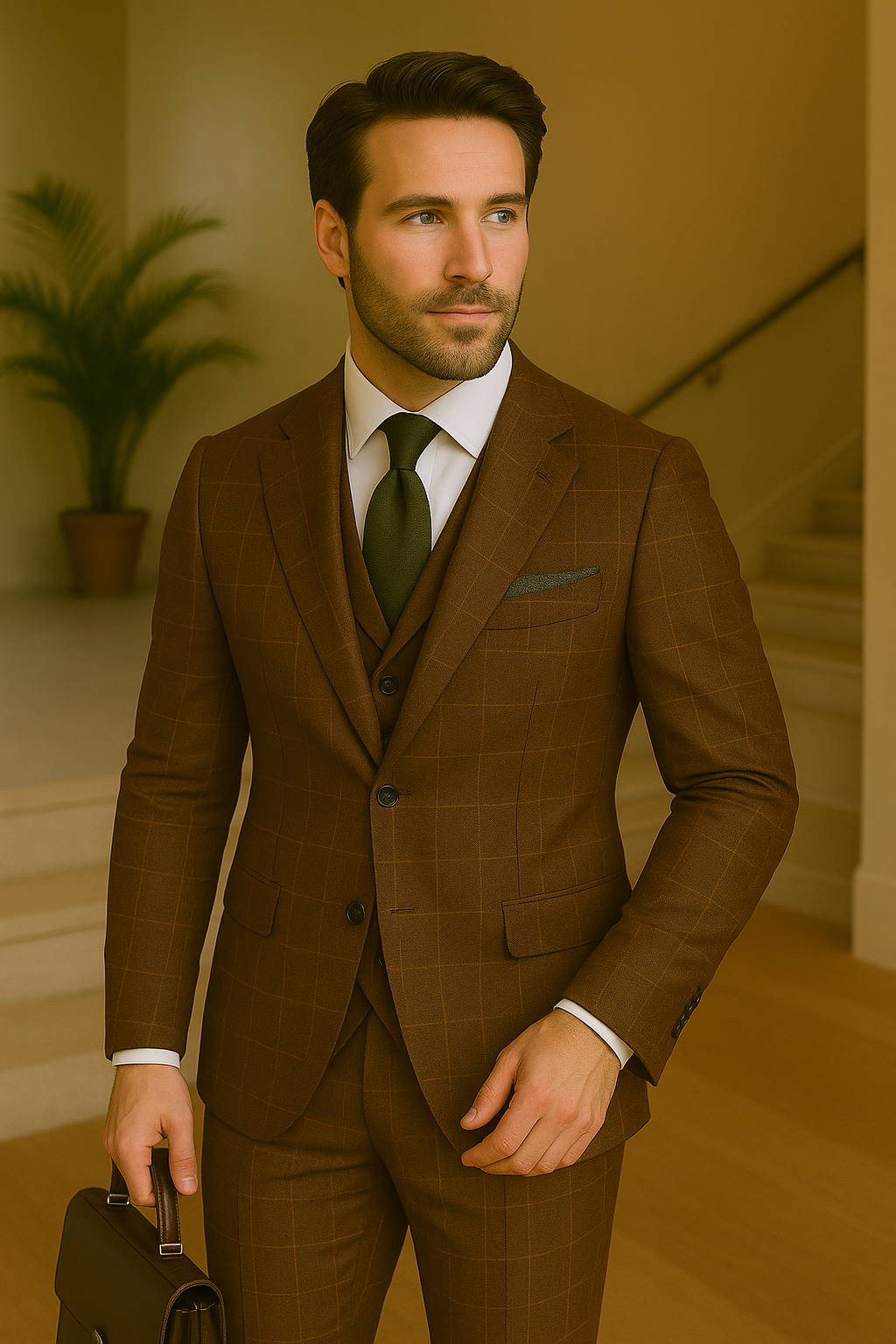 Wool Suit - Italian Made Business Suit by Statement Men's 3 Piece 100% Wool Modern Fit Suit - V-Neck Double Breasted Vest - 38R