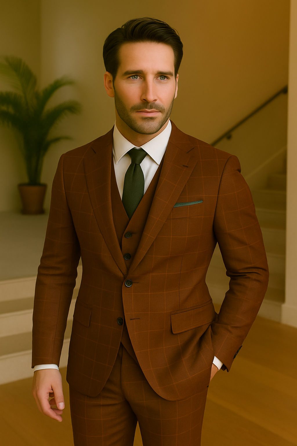 Wool Suit - Italian Made Business Suit by Statement Men's 3 Piece 100% Wool Modern Fit Suit - V-Neck Double Breasted Vest - 38R