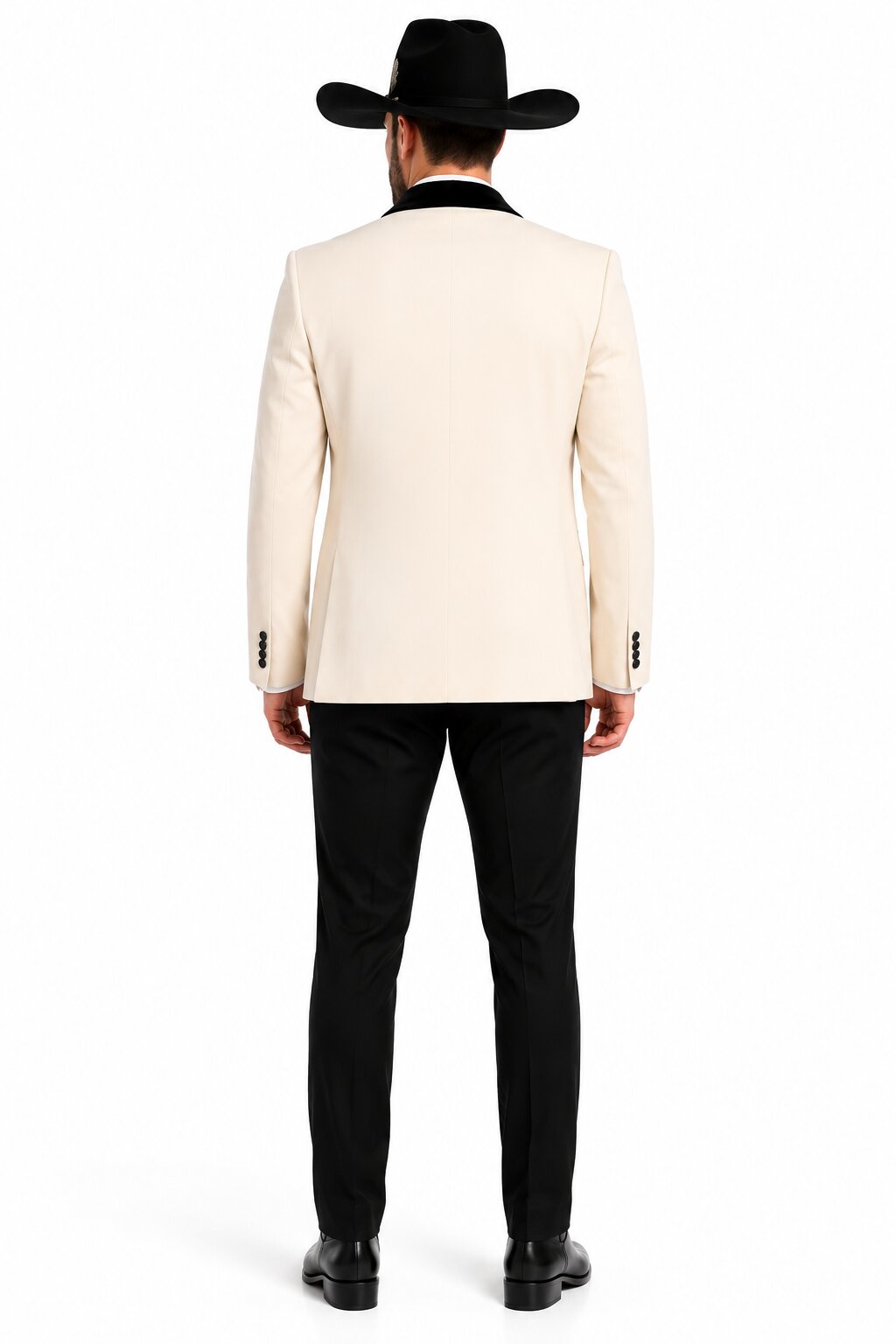 Mens Western Tuxedo Suit – Cream Cowboy Blazer with Black Velvet Vest and Satin Shawl Lapel - 34 Short or Extra Small