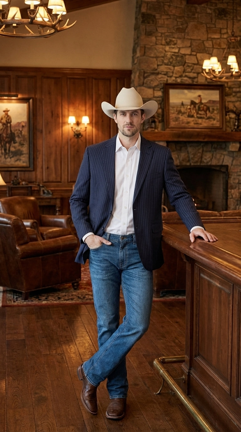 Mens Navy Blue Pinstripe Western Blazer – Classic Cowboy Style Jacket for Business, Formal and Smart Casual Wear - 34 Short