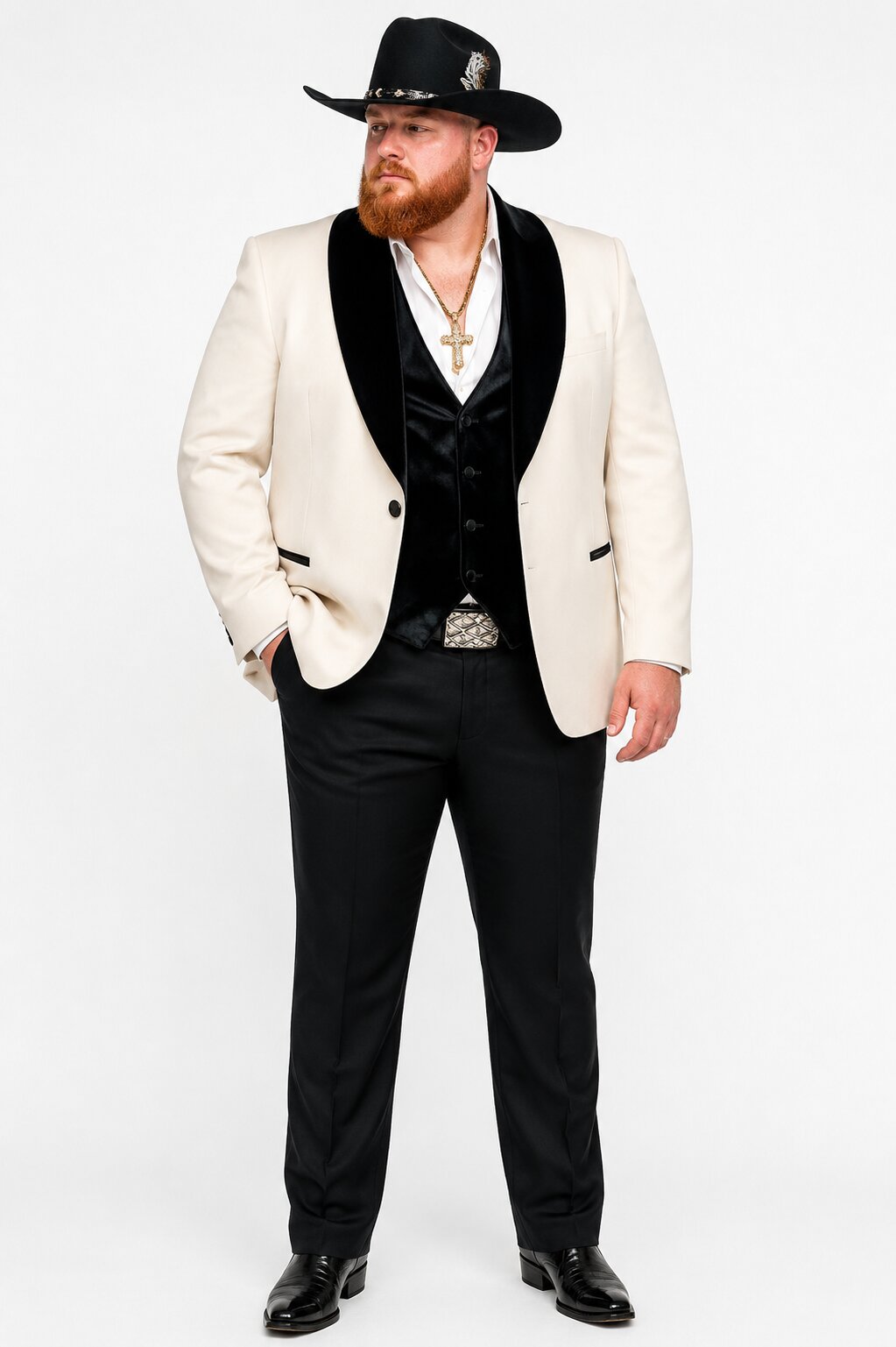 Mens Western Tuxedo Suit – Cream Cowboy Blazer with Black Velvet Vest and Satin Shawl Lapel - 34 Short or Extra Small