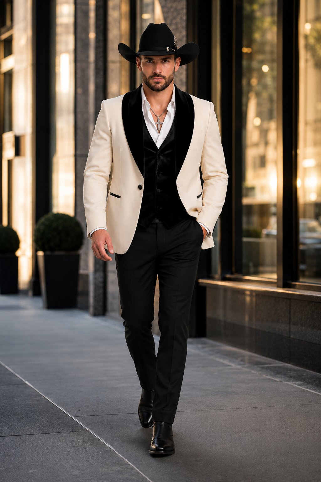 Mens Western Tuxedo Suit – Cream Cowboy Blazer with Black Velvet Vest and Satin Shawl Lapel - 34 Short or Extra Small
