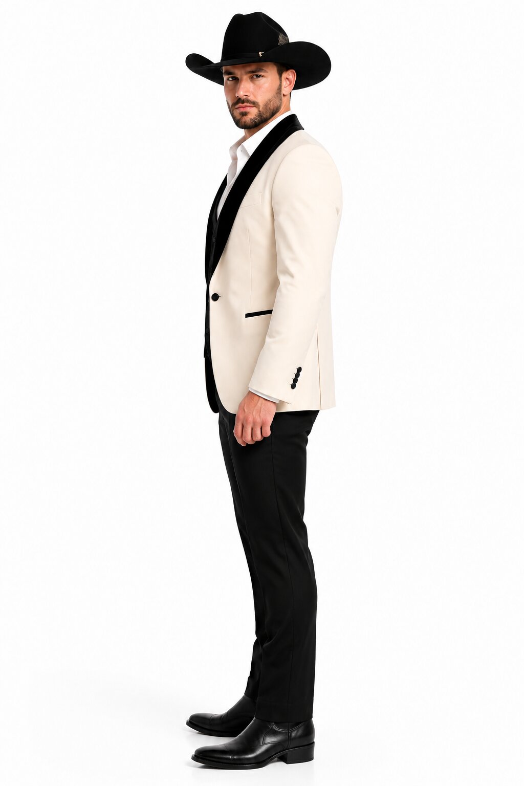 Mens Western Tuxedo Suit – Cream Cowboy Blazer with Black Velvet Vest and Satin Shawl Lapel - 34 Short or Extra Small