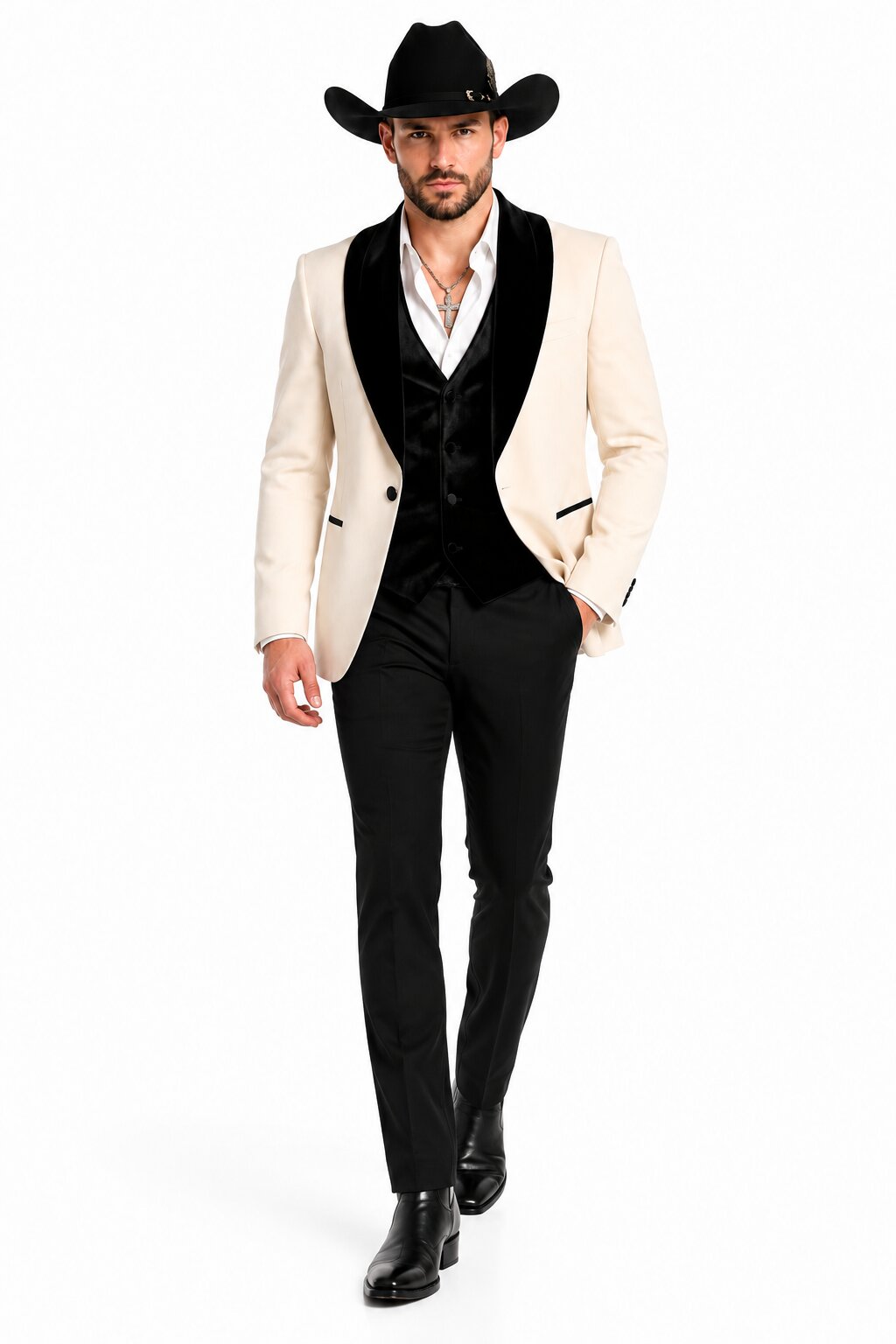 Mens Western Tuxedo Suit – Cream Cowboy Blazer with Black Velvet Vest and Satin Shawl Lapel - 34 Short or Extra Small