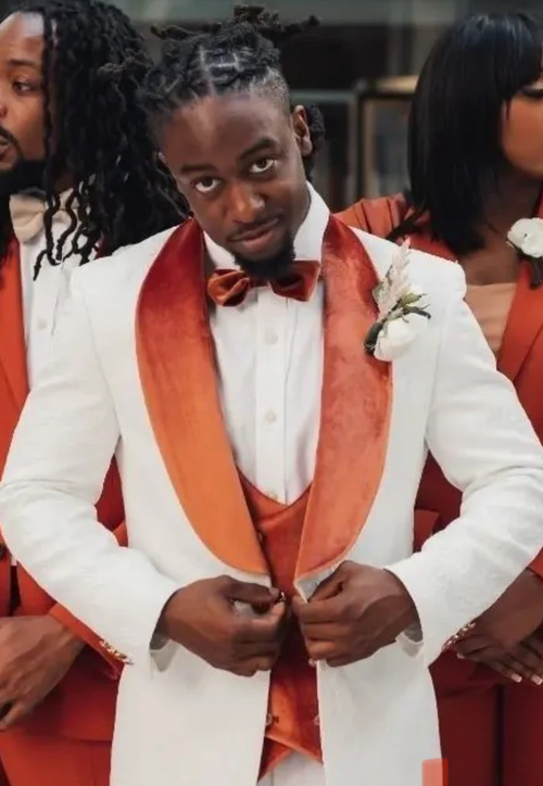 Men’s Cream Wedding Suit with Orange Contrast Shawl Lapel, Vested Groom Formal Suit Set