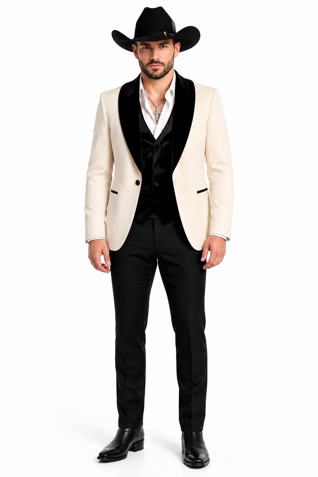 Mens Western Tuxedo Suit – Cream Cowboy Blazer with Black Velvet Vest and Satin Shawl Lapel - 34 Short or Extra Small