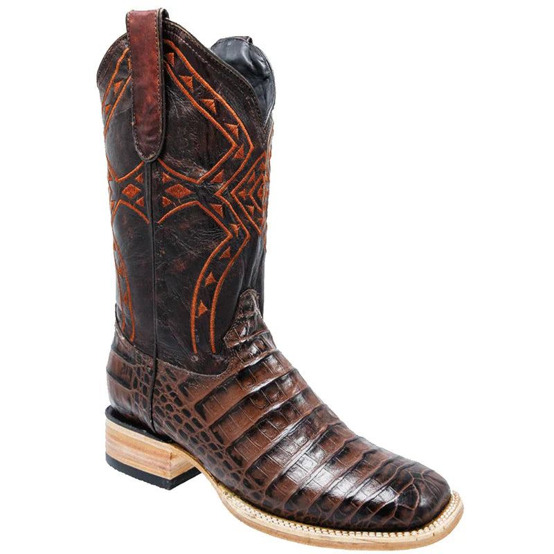 Mens White Diamond Boot Brown Crocodile Print Boots Square Toe - 6