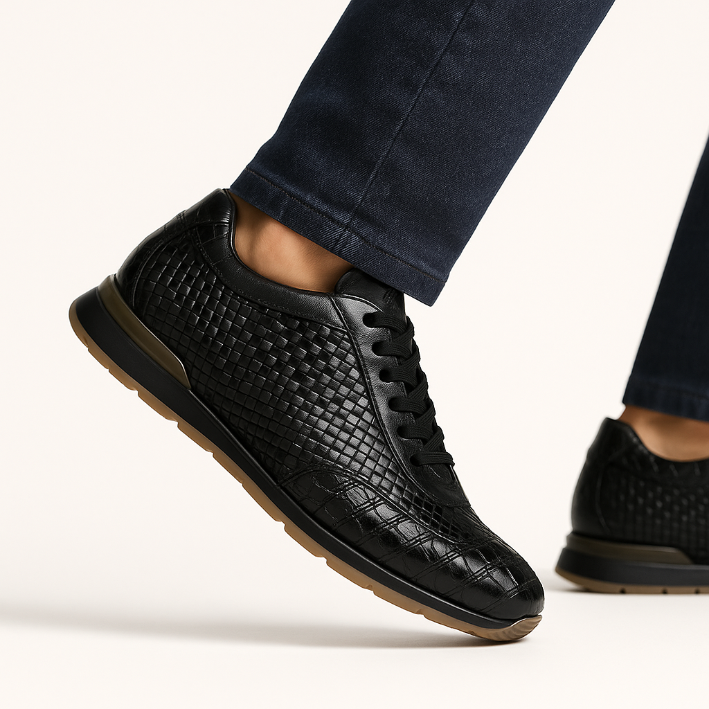 Marco Di Milano Roma Men's Shoes Black Genuine Caiman Crocodile / Woven Leather Fashion Sneakers - 8