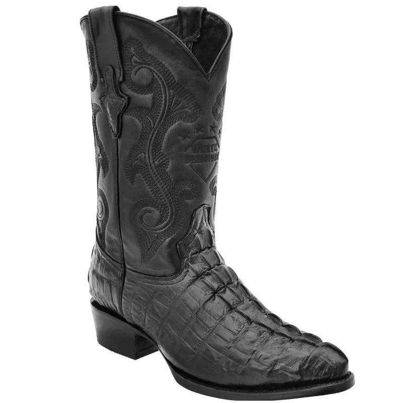 Mens White Diamond Boot Black Crocodile Print Western Boot J-Toe - 6