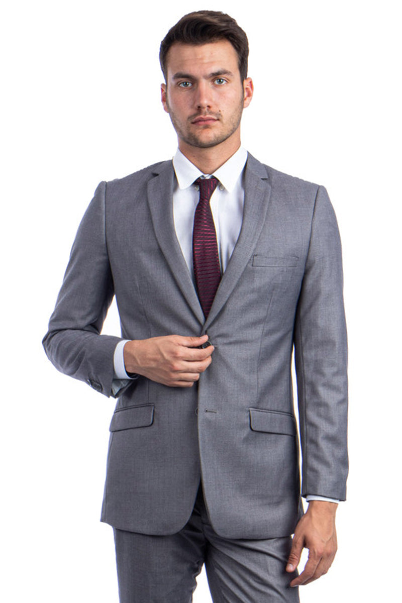 "Grey Hybrid Fit Men's Vested Suit - Two Button Basic Style"