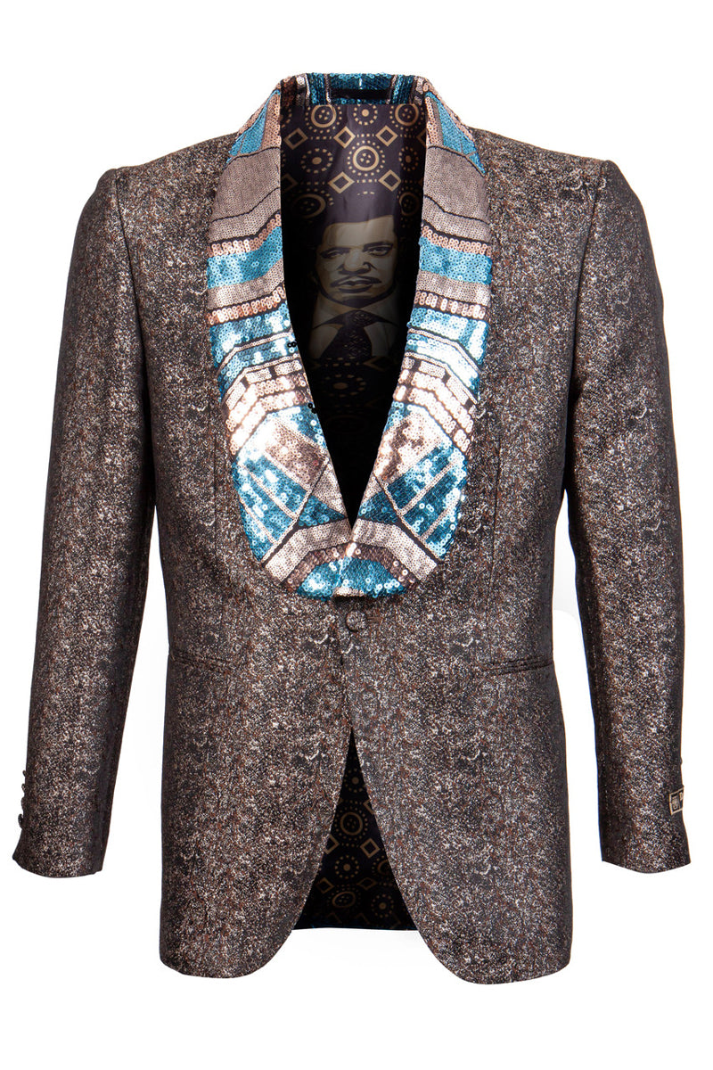 "Men's Metallic Tuxedo Jacket with Sequin Lapel - Egyptian Design, Brown"