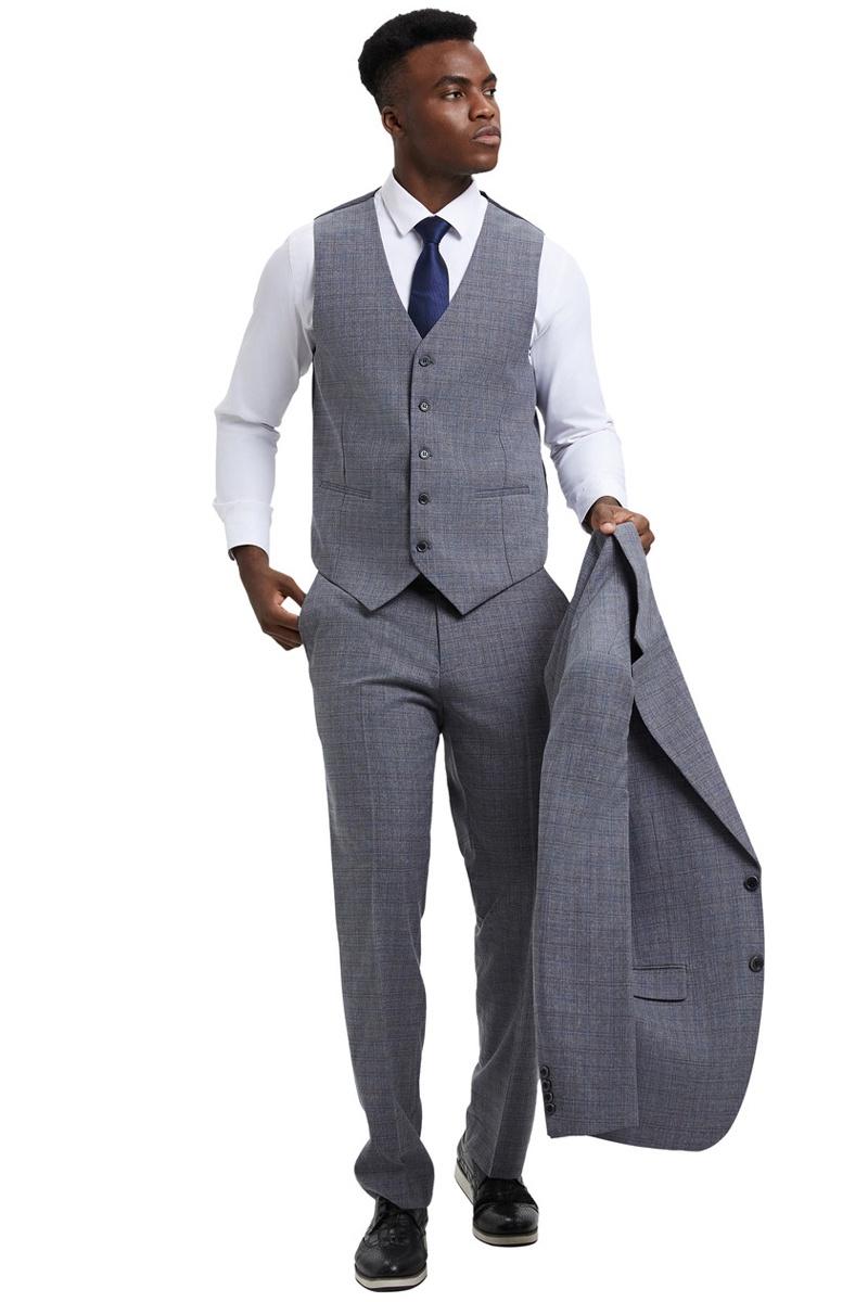 Men's Stacy Adams Modern Fit Vested Suit in Light Grey Micro Check Plaid - 38 Regular