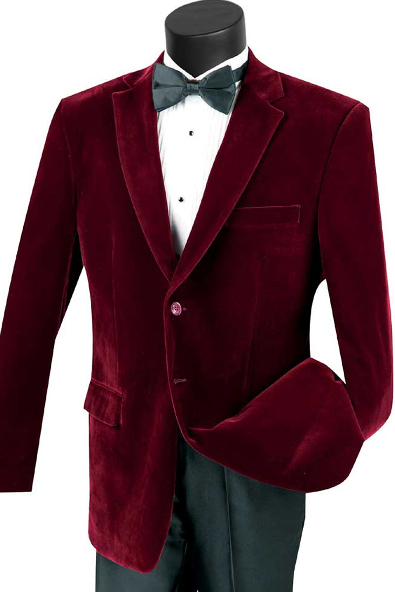 Mens Modern Fit 2 Button Velvet Blazer in Burgundy - XS
